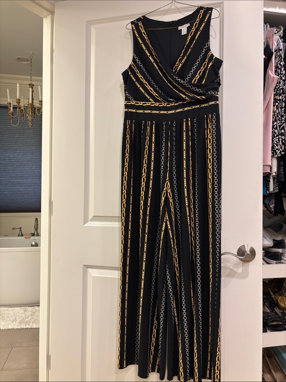 London Times Black Jumpsuit with Gold Chain Detail